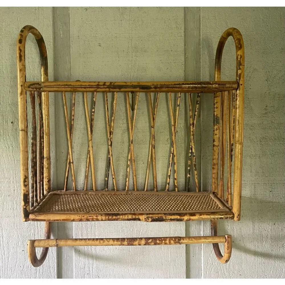 Vtg Tortise Shell Bamboo Boho Tiki Cane Rattan Wicker 2 level Wall Shelf w/ Towe
